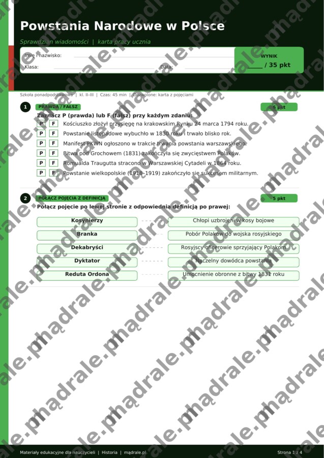 POWSTANIA POLSKIE SPRAWDZIAN / KARTA PRACY + NOTATKA HISTORYCZNA DLA UCZNIÓW DODATKOWO