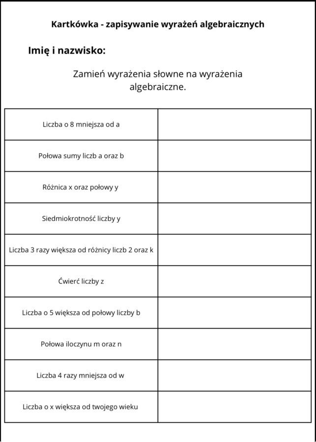 Kartkówka - zapisywanie wyrażeń algebraicznych oraz obliczanie wartości liczbowej wyrażeń.