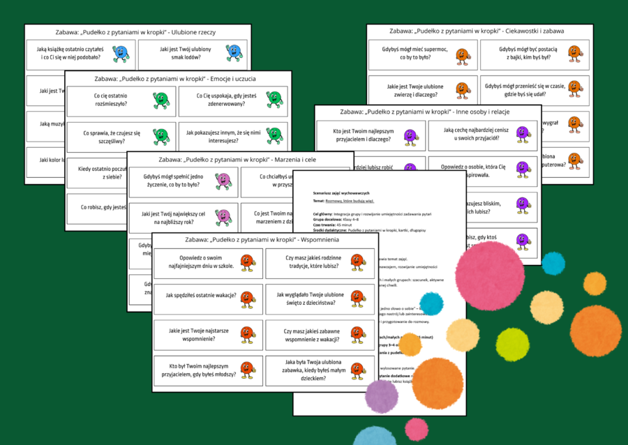 🙂 Scenariusz lekcji „ROZMOWY, KTÓRE BUDUJĄ WIĘŹ” oraz zabawa „Pudełko z pytaniami w kropki” - 144 fiszki - DZIEŃ KROPKI i nie tylko - zajęcia z wychowawcą - INTEGRACJA - kl. 4-8