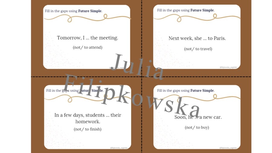 Future Simple Karty do mówienia/ Mówienie/ Speaking/ Zestaw/ Pakiet/ Klasy 4-8/ Klasy 4-6/ Klasy 6-8/ SP/ Warm-up/ Rozgrzewka/ Gramatyka/ Grammar/ Speaking cards grammar/ Grammar cards/ E8