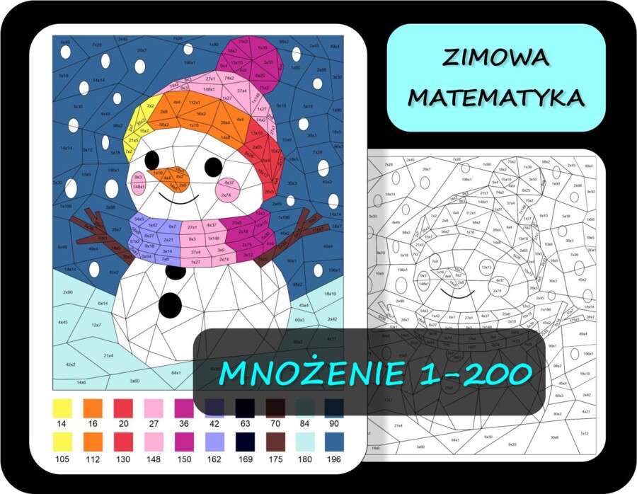 Kolorowanka matematyczna, mnożenie 1-200, tabliczka mnożenia, pokoloruj według wyników mnożenia, zimowa matematyka 4 Bałwanek