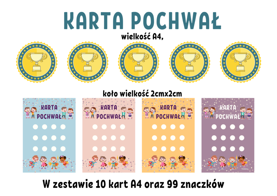 Zestaw 10 Kart Pochwał "Super Bohaterów" (na okrągłe znaczki 2 cm) + propozycje nagród w opisie!