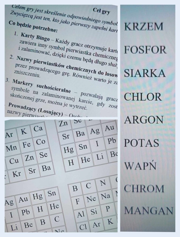 PIERWIASTKI CHEMICZNE gra BINGO