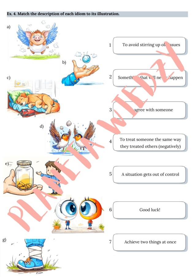 Najpopularniejsze angielskie idiomy – Karta pracy dla uczniów, Ćwiczenia zwrotów – język angielski, (poziom A2/B1, szkoła podstawowa), PDF do druku