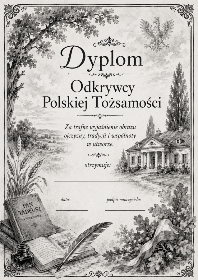 Dyplomy/ certyfikaty dla uczniów do lektury "Pan Tadeusz" czarno-białe