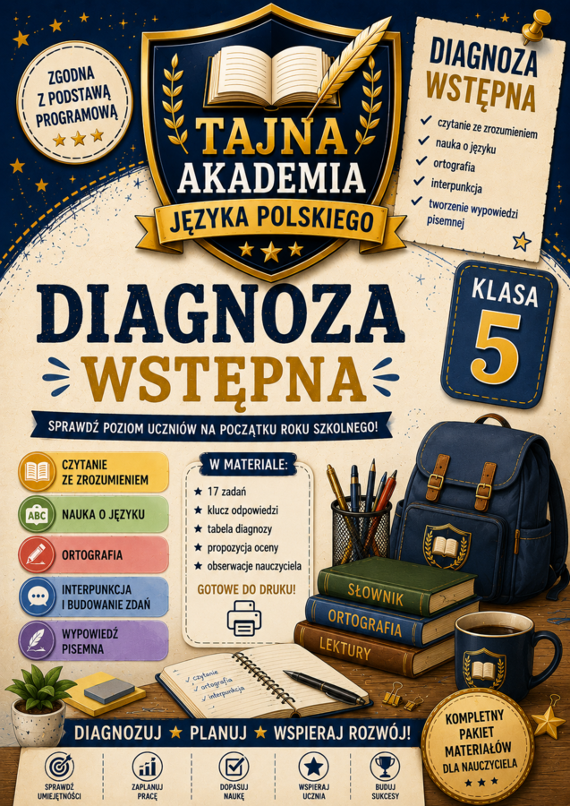 Diagnoza wstępna – język polski klasa 5 | test kompetencji + odpowiedzi + tabela diagnozy