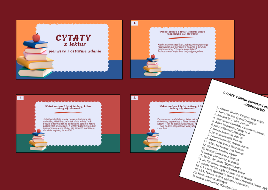 CYTATY z lektur pierwsze i ostatnie zdania – 42 cytaty – LEKTURY OBOWIĄZKOWE – egzamin – powtórka - PREZENTACJA + odpowiedzi
