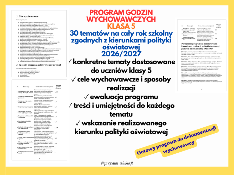 Program godzin wychowawczych – klasa 5 | 30 tematów | Kierunki polityki oświatowej 2026/2027 | #zajęciazwychowawcą #godzinywychowawcze