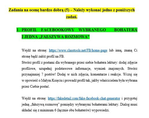 "Mały Książę" - projekt podsumowujący pracę z lekturą (zadania poziomowane)