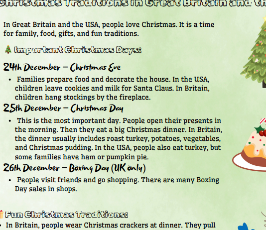 Karta pracy/czytanka Christmas Traditions A2