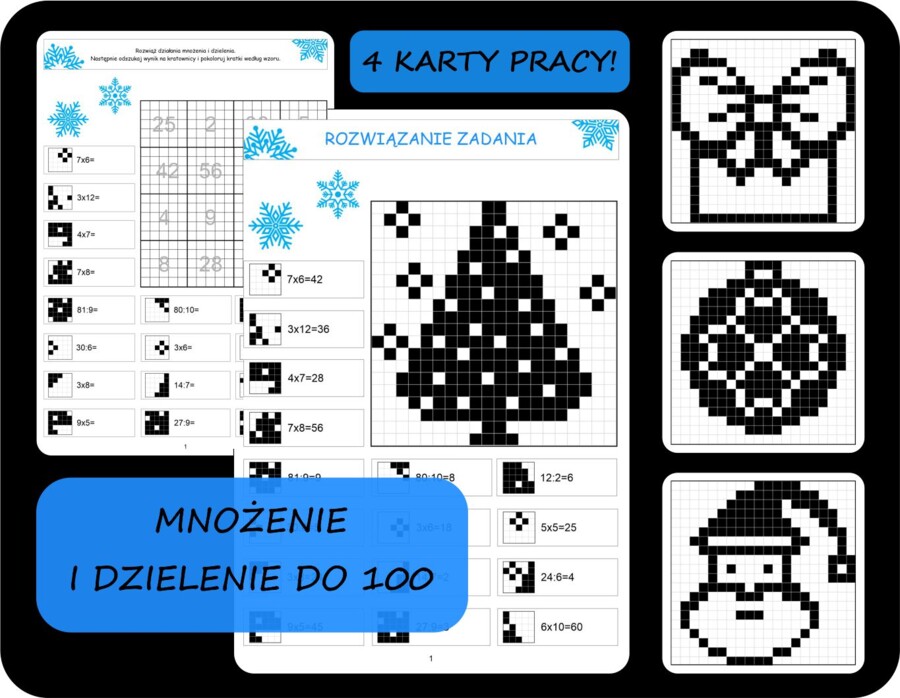 Zimowe kodowanki, bloksy mnożenie i dzielenie, tabliczka mnożenia, Święta, Boże Narodzenie, zima Mikołaj, mikołajki