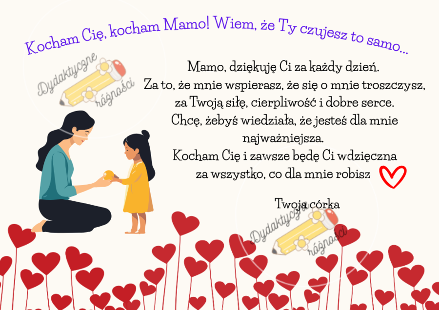 Życzenia na DZIEŃ MATKI w wersji od córki i syna. 6 szablonów do druku w orientacji poziomej.