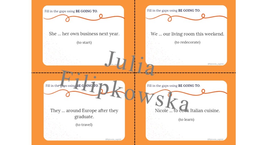 Be going to/ Zdania twierdzące/ Karty do mówienia/ Mówienie/ Speaking/ Konwersacje/ Klasy 4-8/ Klasy 4-6/ Klasy 6-8/ SP/ Warm-up/ Rozgrzewka/ Speaking cards/ Gramatyka/ Grammar/ Speaking cards grammar/ Grammar cards/ E8