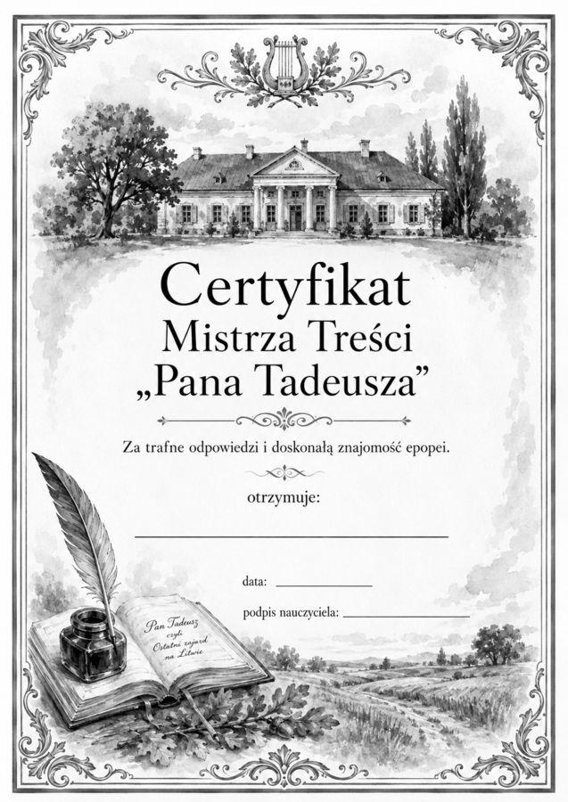 Dyplomy/ certyfikaty dla uczniów do lektury "Pan Tadeusz" czarno-białe
