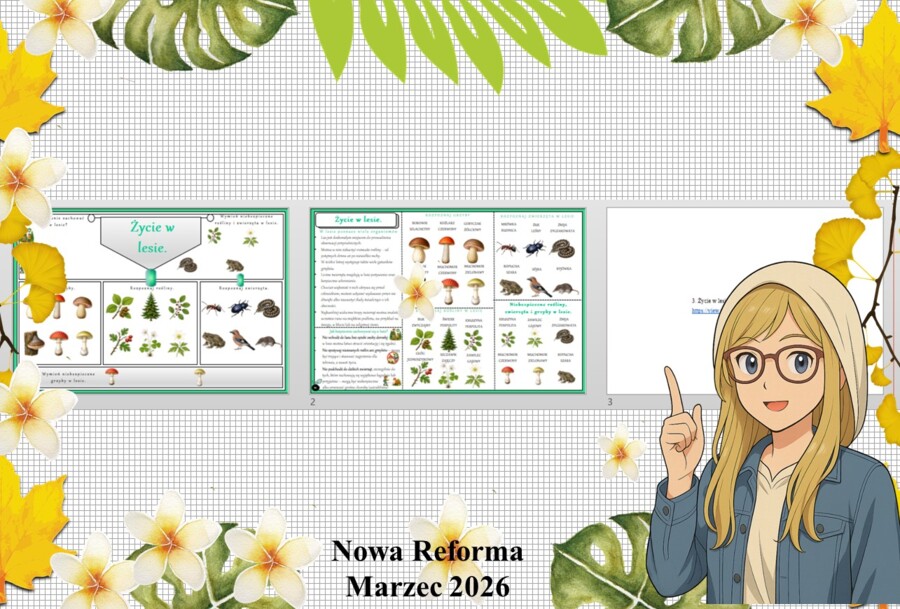 Mały zestaw na jedną lekcję: sketchnotka/notatka/przypomnienie dla nauczyciela, karta pracy plus prezentacja multimedialna „Życie w lesie” w genial.ly. Przyroda "Odkrywam przyrodę". Klasa 4. Dział „Życie na lądzie".