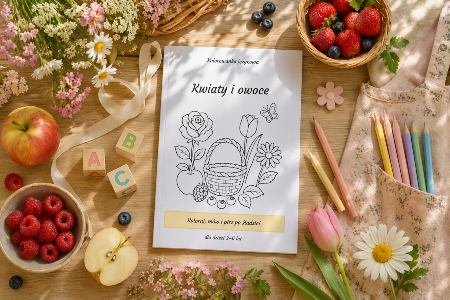 Kolorowanka językowa: Kwiaty i owoce