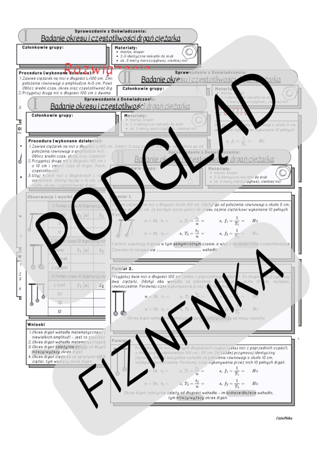 Sprawozdanie z doświadczenia - badanie okresu i częstotliwości drgań wahadła (ciężarka na nici) - WERSJA DŁUŻSZA I KRÓTSZA