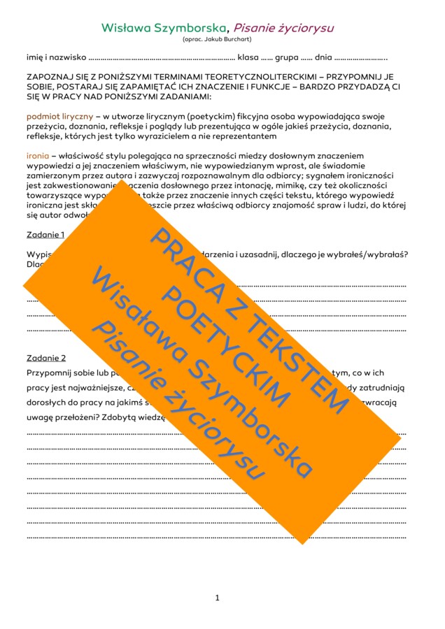 Praca z tekstem wiersza - Wisława Szymborska, Pisanie życiorysu