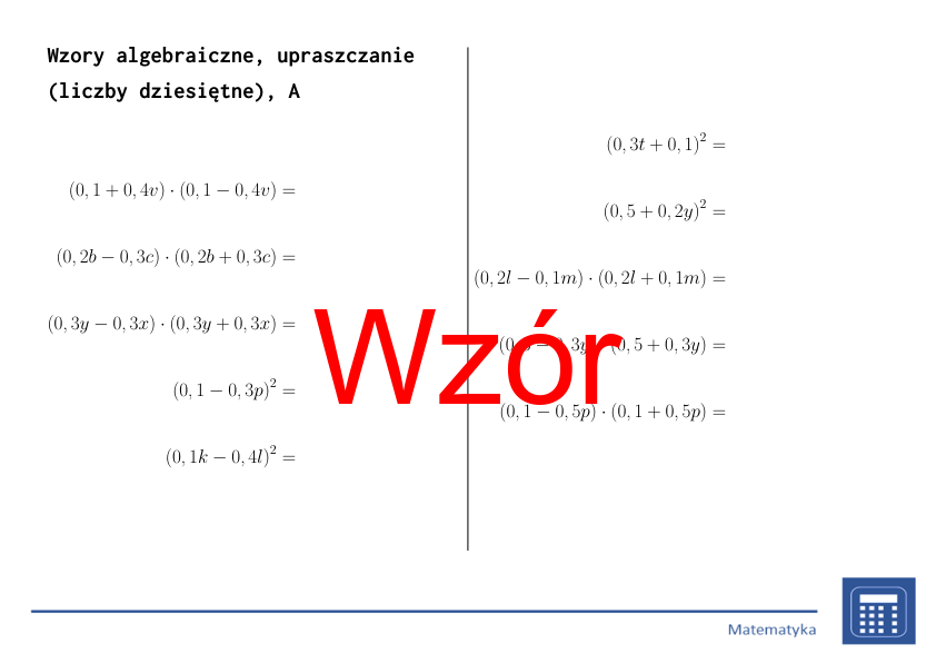 Wzory algebraiczne, upraszczanie (liczby dziesiętne) | matematyka, algebra | 26 kolumn