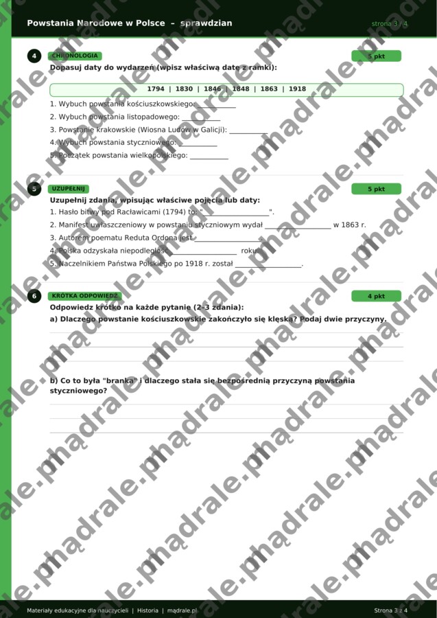 POWSTANIA POLSKIE SPRAWDZIAN / KARTA PRACY + NOTATKA HISTORYCZNA DLA UCZNIÓW DODATKOWO