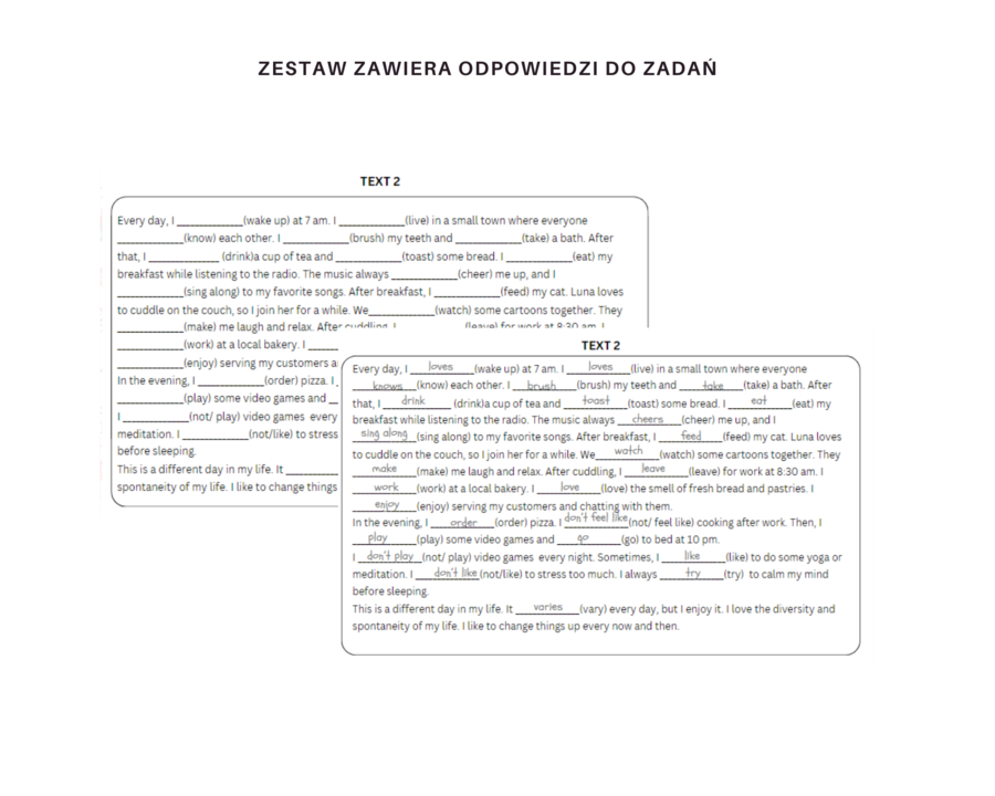 Mastering Present Simple - 17 ćwiczeń na wyćwiczenie tworzenia zdań w czasie Prezent Simple - odmiana czasownika przez osoby, tworzenie formy czasownika dla 3 osoby liczby poedynczej, zdania twierdzące, przeczenia, pytania, krótkie odpowiedzi, miejsce pr