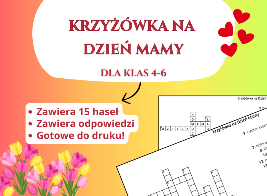 Krzyżówka na Dzień Mamy 💐❤️ – język polski, godzina wychowawcza, świetlica, edukacja wczesnoszkolna