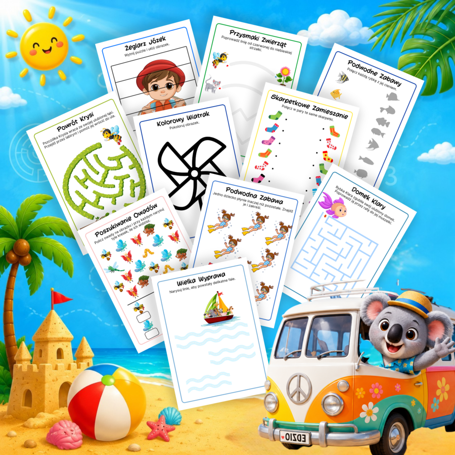 WAKACYJNE KARTY PRACY 4-6 lat, pakiet edukacyjny, karty pracy do druku, lato, kolorowanki, labirynty, motoryka, po śladzie, liczenie, dopasowywanie, cienie, połącz, puzzle, przedszkolaki, koniec roku