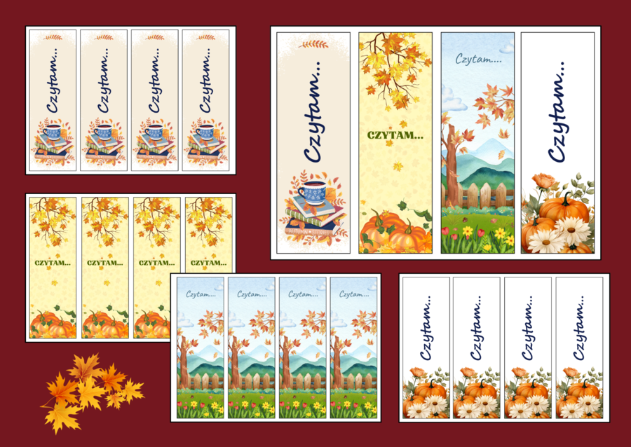 🍁 „Czytam…” – JESIENNE zakładki do książek – 🍂zakładka – biblioteka – jesień – wersja 2