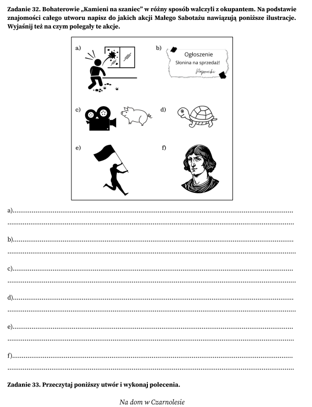 Zestaw 34 zadań typu egzaminacyjnego z lektur, egzamin ósmoklasisty z języka polskiego + odpowiedzi