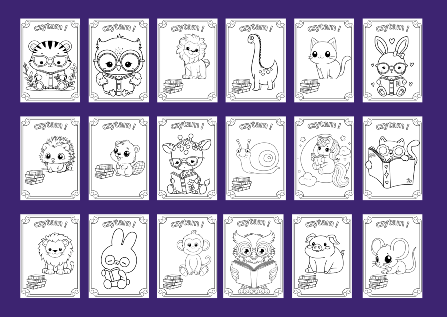 Czytam! - DZIEŃ KSIĄŻKI – Dzień Zwierząt - Galeria – kolorowanka – kolorowanki – biblioteka – świetlica – przedszkole – 35 wersji