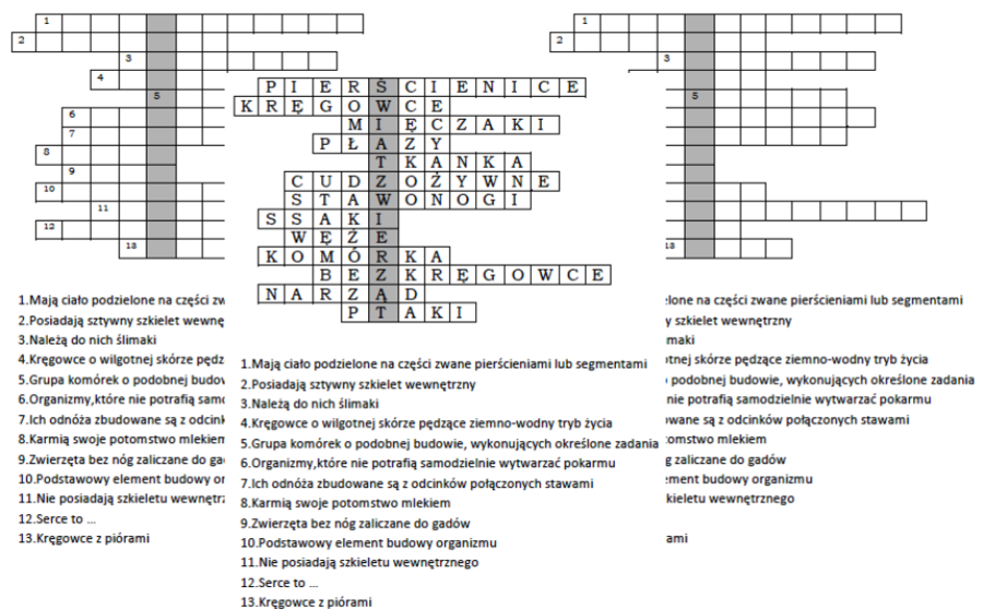 Logogryf na podsumowanie lekcji biologii w klasie 6 "W królestwie zwierząt"