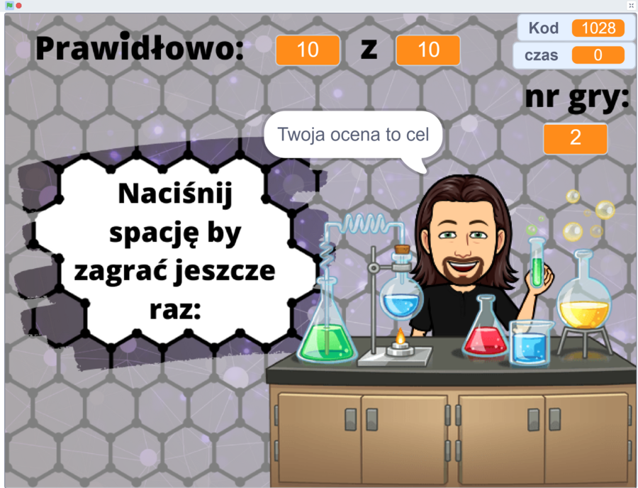 Klasa 7. Chemia. Quiz – pierwiastki i ich symbole – Scratch