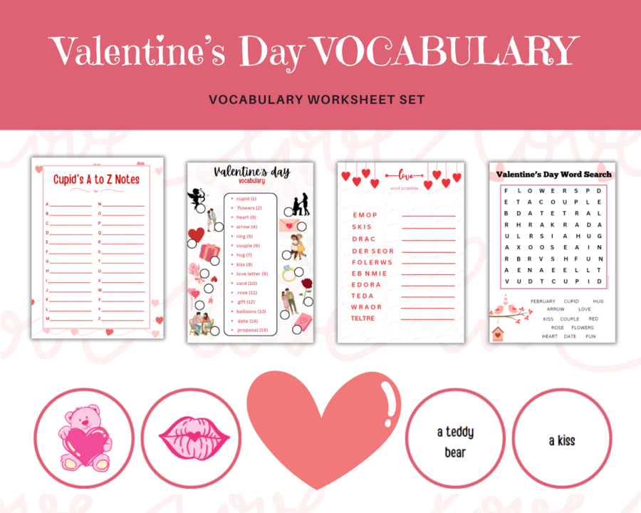 Valentine's Day Vocabulary - Angielski na Waletynki, zestaw 4 kart pracy do ćwiczenia słownictwa związanego z miłością, związkami i walentynkami + dodatkowa gra memory z 18 słówkami