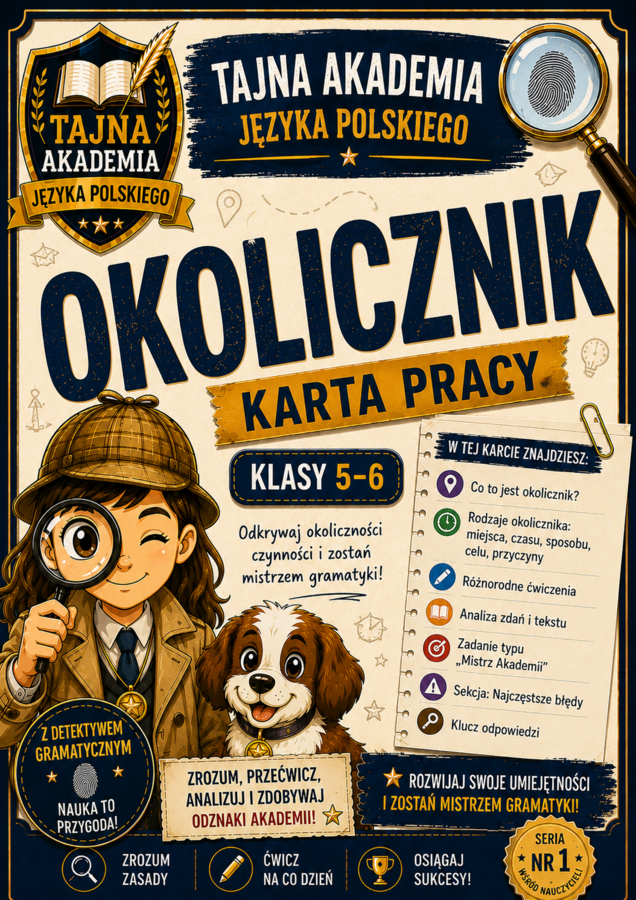 Okolicznik – karta pracy | Klasy 5–6 | Tajna Akademia Języka Polskiego | Rodzaje okolicznika | PDF