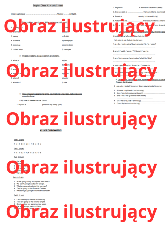 English Class A2 unit 7 test (sprawdzian / praca klasowa)