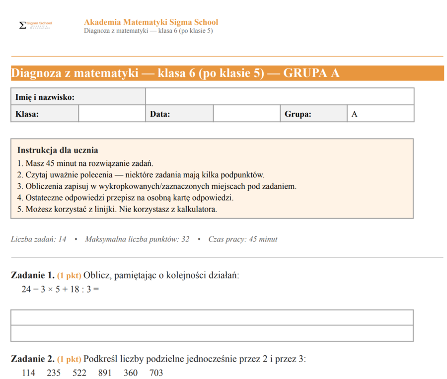 Diagnoza z matematyki na początek klasy 6 (po klasie 5)