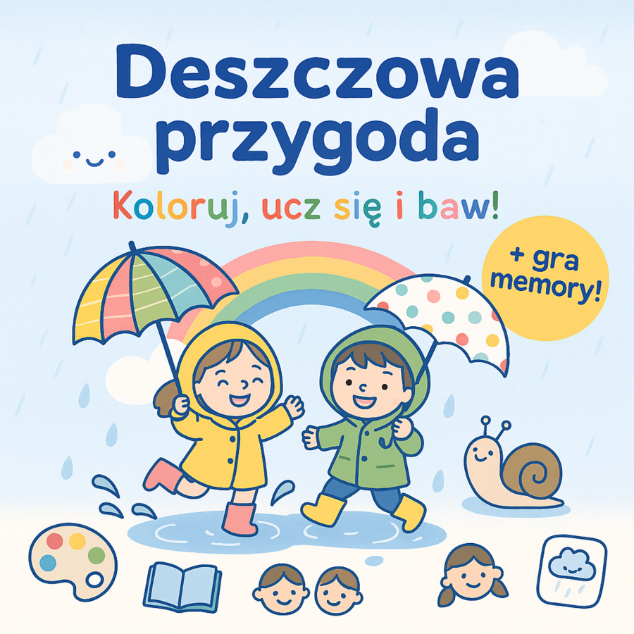 Karty pracy z kolorowaniem scenek z deszczową pogodą