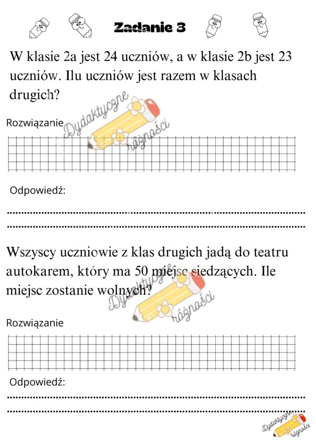 Dodawanie w zakresie 50. Rozbudowane zadania z treścią- 10 kart pracy.