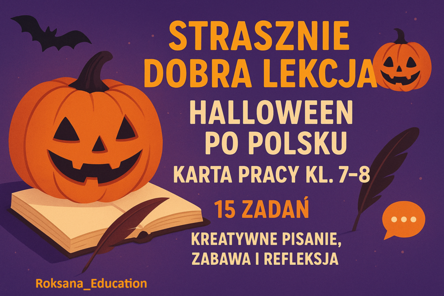 🎃 Strasznie dobra lekcja! Halloween po polsku 👻 | Karta pracy kl. 7–8 ✏️ | 15 zadań | Kreatywne pisanie, zabawa i refleksja 💬
