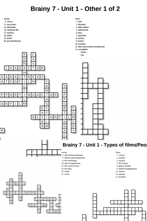 Brainy 7 – Unit 1 – krzyżówki – Types of films_People in film/Other
