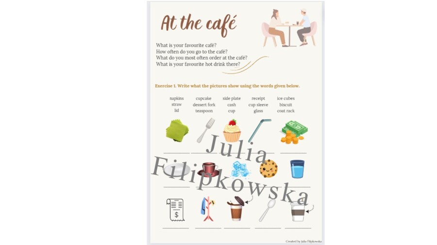 Zestaw zadań/ karta pracy/ zadania/ mówienie/ słownictwo. Klasy 4-6/ SP 4-6/ Klasy 4-8/ At the cafe/ Kawiarnia/ Praktyczne/ Gotowa lekcja