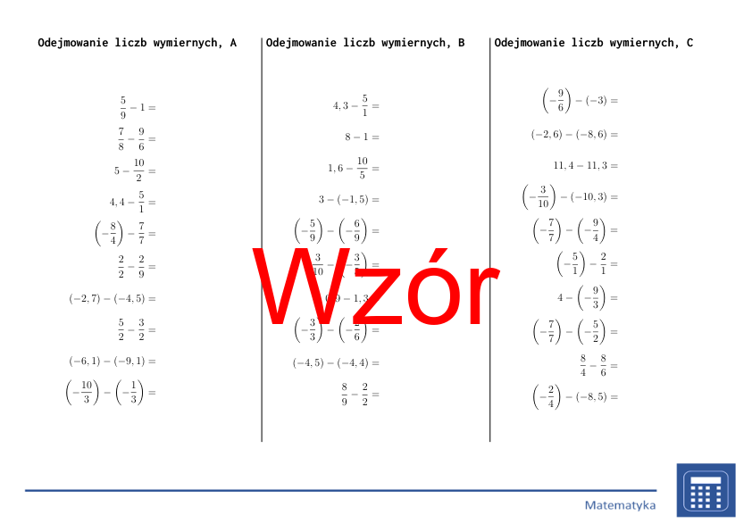 Odejmowanie liczb wymiernych | matematyka | 26 kolumn