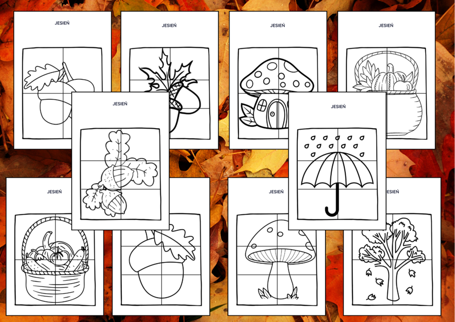 JESIEŃ – biblioteka – świetlica – przedszkole – UKŁADANKA – układanki – puzzle – kolorowanka – 10 szt.