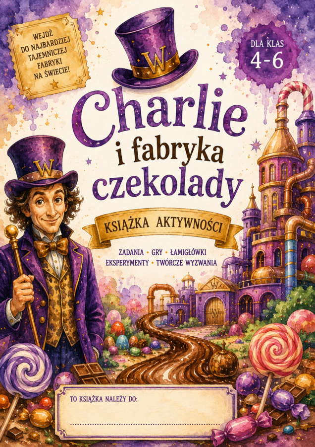 Charlie i fabryka czekolady zestaw materiałów kolorowe i czarno-białe