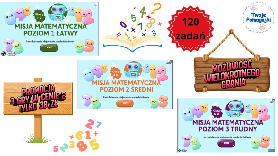 Misja matematyczna 4 działania 3  gry genially- Poziom Łatwy, Średni i Trudny