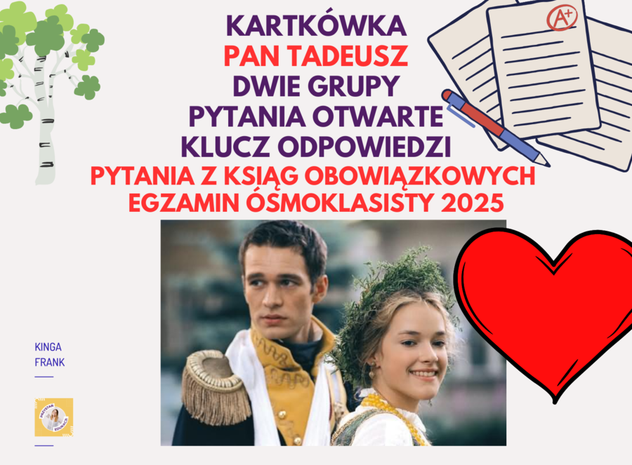 PAN TADEUSZ - bardzo prosta kartkówka, pytania otwarte, księgi obowiązujące na #egzaminósmoklasisty2025