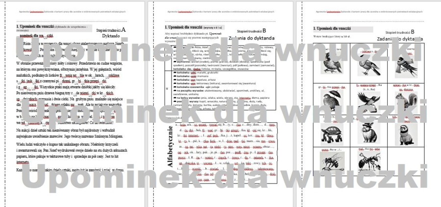 Dyktando ó/u "Upominek dla wnuczki" z zadaniami przygotowującymi - dla uczniów o zróżnicowanych potrzebach edukacyjnych