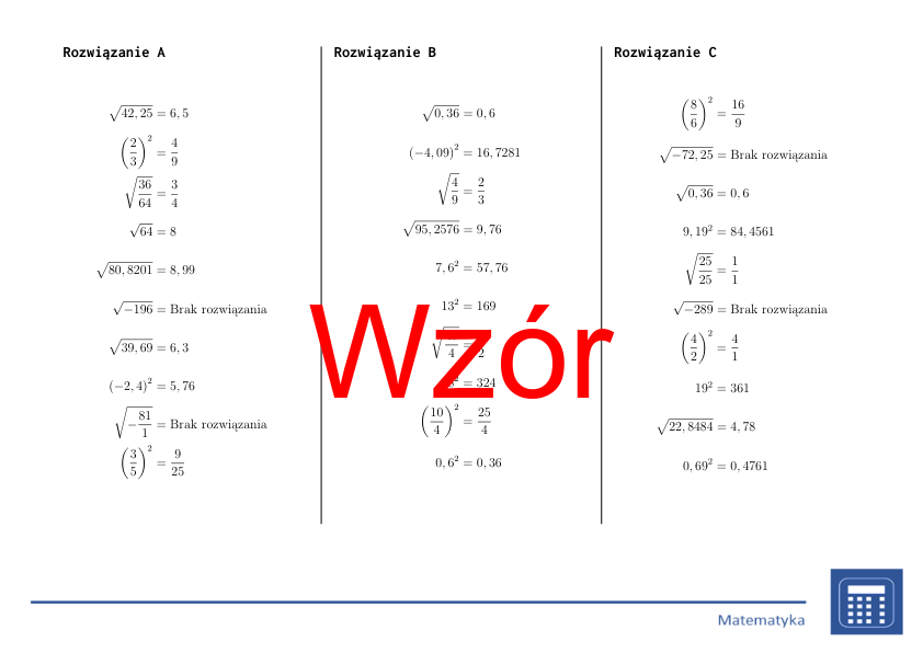 Arytmetyka kwadratów i pierwiastków kwadratowych | matematyka | 26 kolumn