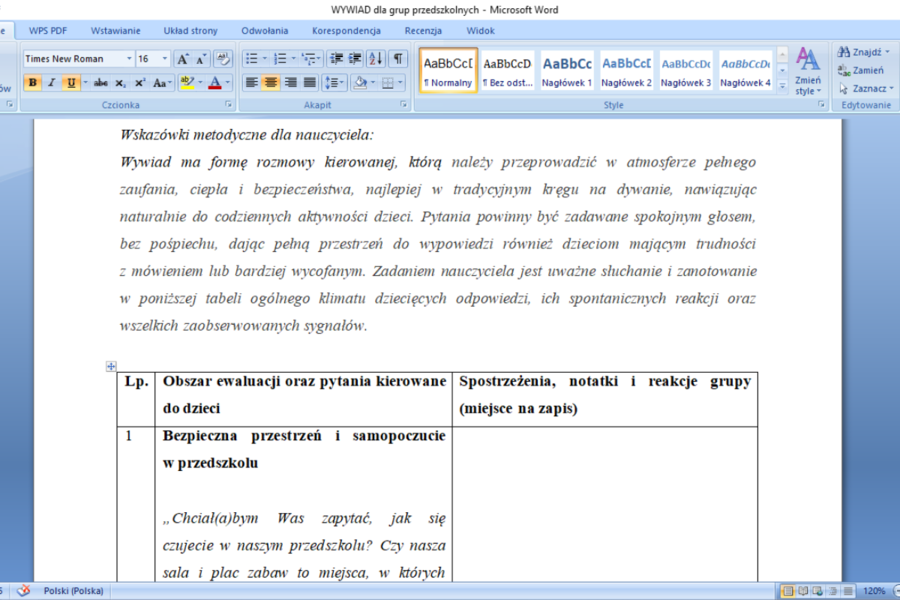 Ewaluacja Standardów Ochrony Małoletnich w przedszkolu/ szkole; raport