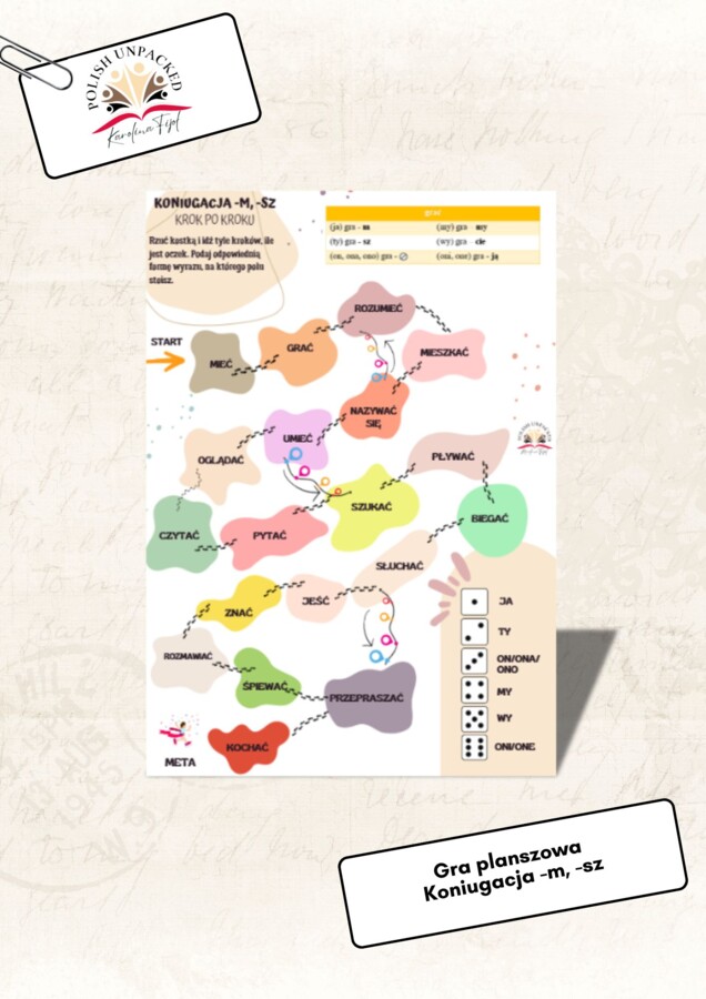 Gra planszowa koniugacja -m, -sz, czasownik, język polski jako obcy poziom A1
